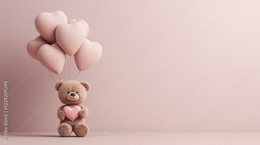 Obraz premium Heartwarming teddy bear holding heart celebratory atmosphere photograph soft pink background close-up view love and affection theme
