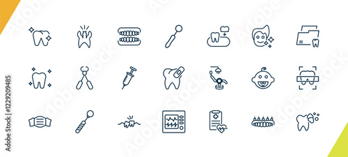 outline dental health icons set. editable linear cavity, dentures, dentist mirror, and other 18 icons in this category isolated on transparent background.