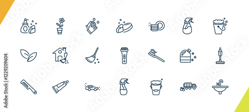 outline cleaning icons set. editable linear rose cleanin, hands cleanin, soap cleanin, and other 18 icons in this category isolated on transparent background.