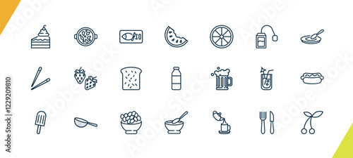 outline restaurant icons set. editable linear paella with parwns, kitchen fish, watermellon slice, and other 18 icons in this category isolated on transparent background.