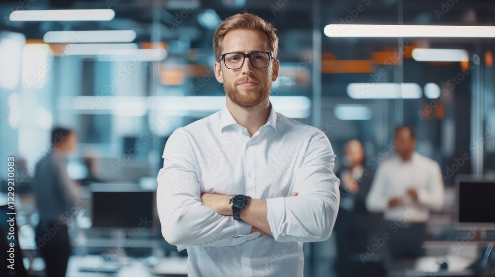 A confident man in glasses stands with arms crossed in a modern office space, showcasing a professional atmosphere. A confident man in glasses stands with arms crossed in a modern office space, showcasing a professional atmosphere.
