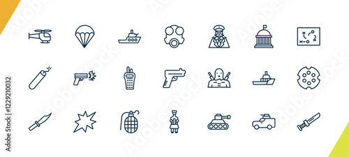 outline military and war and icons set. editable linear parachute, militar ship, gas mask, and other 18 icons in this category isolated on transparent background.
