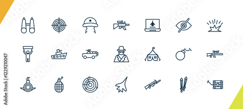 outline military and war and icons set. editable linear target, military helmet, assault, and other 18 icons in this category isolated on transparent background.