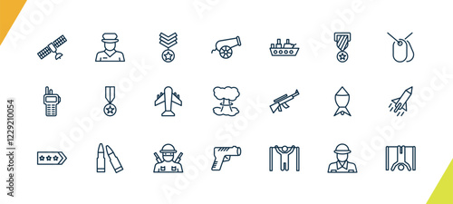 outline military and war and icons set. editable linear officer, militar in, canon, and other 18 icons in this category isolated on transparent background.