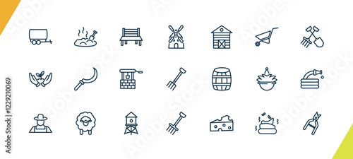 outline agriculture and farm icons set. editable linear manure, garden bench, flour mill, and other 18 icons in this category isolated on transparent background.