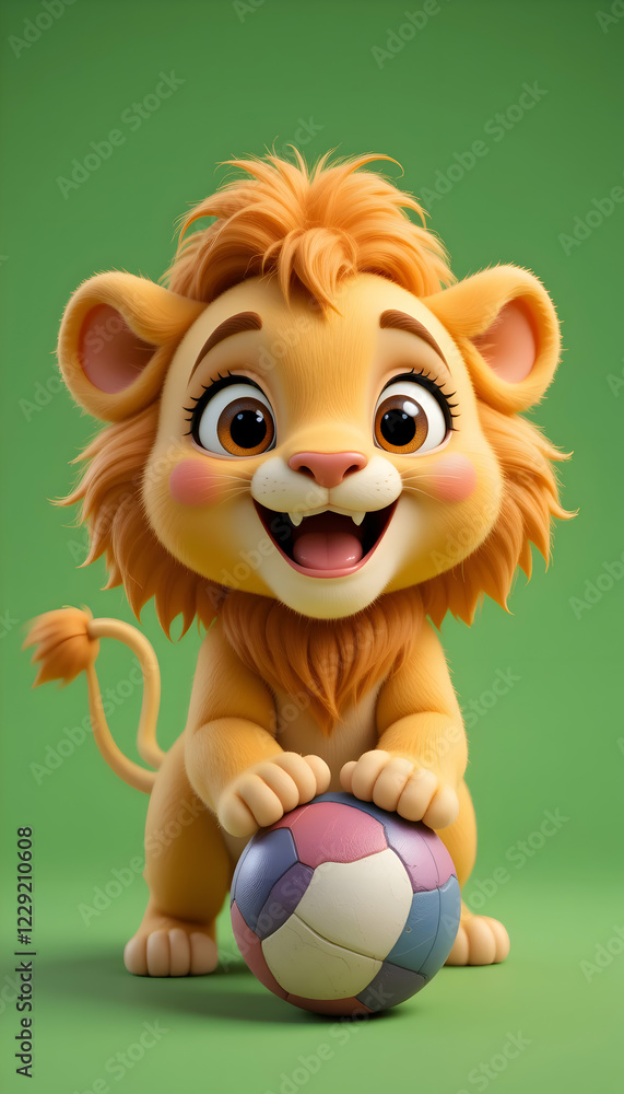 Fototapeta premium Adorable Baby Lion Cub Holding Soccer Ball 3d Render