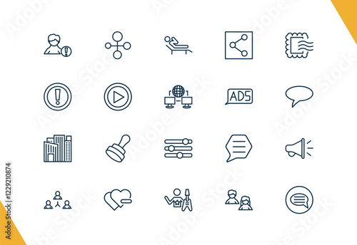 outline social media marketing icons set. editable linear social normal, recreational, photo share, and other 17 icons in this category isolated on transparent background.