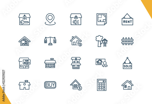 outline real estate industry icons set. editable linear map location, advertisement, plans, and other 17 icons in this category isolated on transparent background.