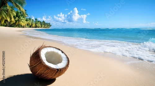 Wallpaper Mural coconut half-open on the beach, revealing its refreshing water, with the sandy shore Torontodigital.ca