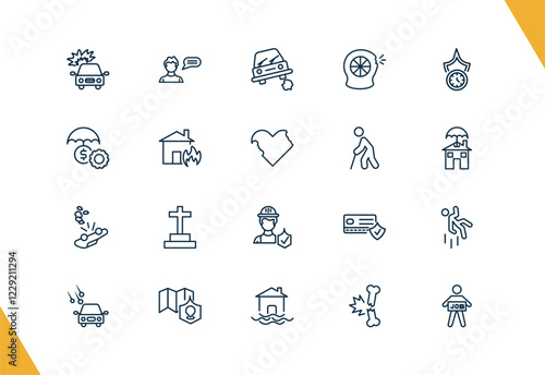 outline insurance and coverage icons set. editable linear insurance advice, stone on the road, puncture in a wheel, and other 17 icons in this category isolated on transparent background.