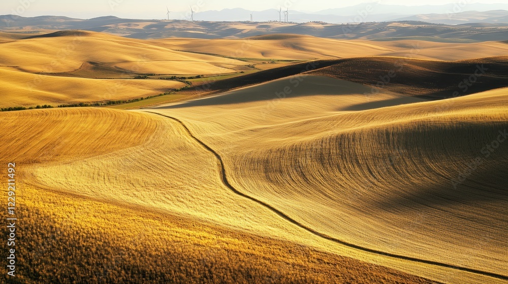 Fototapeta premium Rolling Hills of Tuscany: A picturesque landscape of golden, undulating hills under a soft light, showcasing the beauty of the Tuscan countryside. A winding path adds depth and intrigue to the scene.