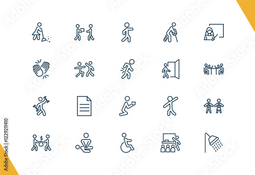 outline humans and behavior icons set. editable linear give over, man pointing, broken leg, and other 17 icons in this category isolated on transparent background.