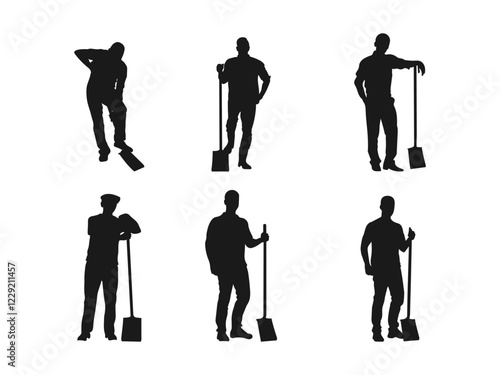 Man with shovel silhouette vector set. Silhouette of a worker in action poses using a shovel tool.  Silhouette of a male farmer holding a shovel isolated. vector on a white background.