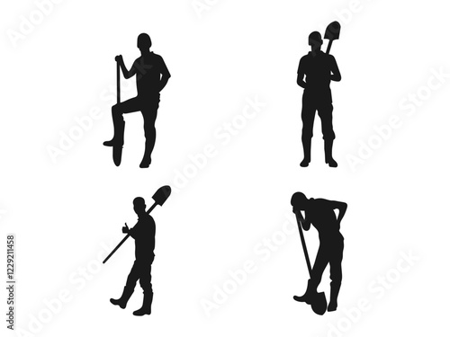 Man with shovel silhouette vector set. Silhouette of a worker in action poses using a shovel tool.  Silhouette of a male farmer holding a shovel isolated. vector on a white background.