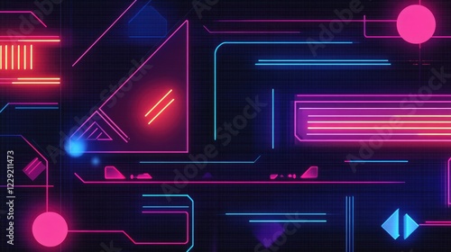 Vibrant glowing neon geometric lines and shapes, forming a futuristic digital pattern with a sci-fi feel
