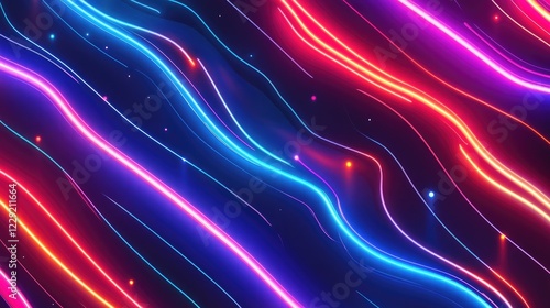 Vibrant glowing neon geometric lines and shapes, forming a futuristic digital pattern with a sci-fi feel