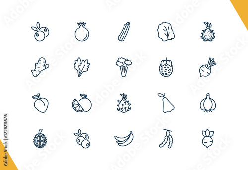 outline vegetables and fruits icons set. editable linear pomegranate, zucchini, lettuce, and other 17 icons in this category isolated on transparent background.