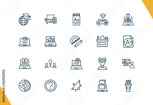 outline distance learning icons set. editable linear blended learning, vocabulary, game-based learning, and other 17 icons in this category isolated on transparent background.