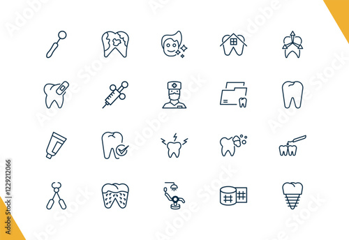 outline dental health icons set. editable linear dental plaque, healthy boy, dental house, and other 17 icons in this category isolated on transparent background.