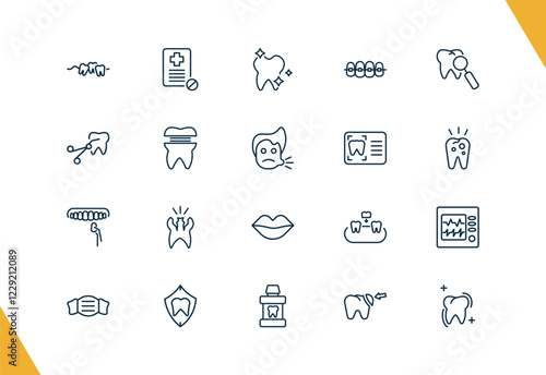 outline dental health icons set. editable linear medical prescription, shiny tooth, dental brackets, and other 17 icons in this category isolated on transparent background.