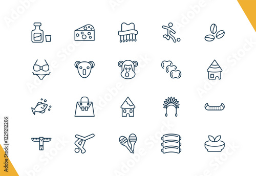 outline culture and civilization icons set. editable linear goat cheese, cork hat, brazil soccer player, and other 17 icons in this category isolated on transparent background.