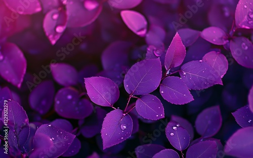 Purple leaves with water drops, close-up of dew covered purple foliage in vibrant natural lighting for stunning nature photography
