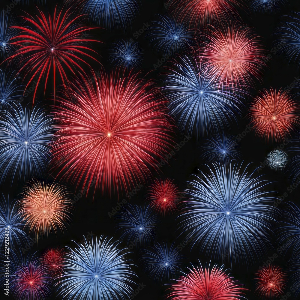 Red and blue fireworks illuminate the night sky in a festive display, AI generated Red and blue fireworks illuminate the night sky in a festive display, AI generated