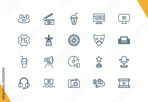 outline cinema and theater icons set. editable linear plus 18 movie, take away drink, 1080p hd tv, and other 17 icons in this category isolated on transparent background.