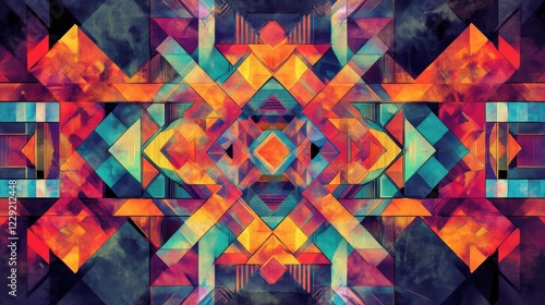 A digital artwork featuring vibrant geometric patterns glowing in neon, set against a sleek, futuristic background