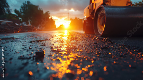 Under sunset, construction site roller smooths asphalt, reflecting warm light. scene captures beauty of progress and end of day photo