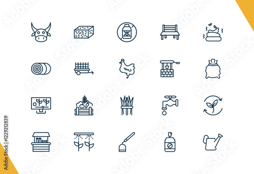 outline agriculture and farm icons set. editable linear straw bale, pesticide, garden bench, and other 17 icons in this category isolated on transparent background.