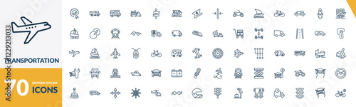 outline transportation icons set. editable linear road sweeper, school van, loaded truck side view, and other 67 icons in this category isolated on transparent background.