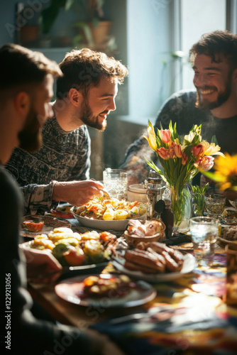 LGBTQ+ family having a meal together at home, showcasing a loving and inclusive environment photo