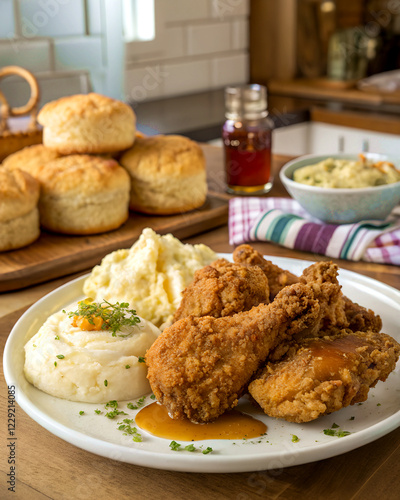 Crispy southern fried chicken served with buttermilk biscuits and creamy mashed potatoes, a comforting and hearty meal.