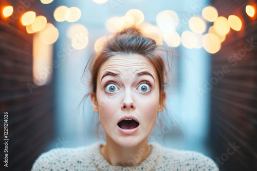 Stunned woman with wide eyes and open mouth, surprised by something unexpected, surrounded by soft glowing lights in narrow space photo