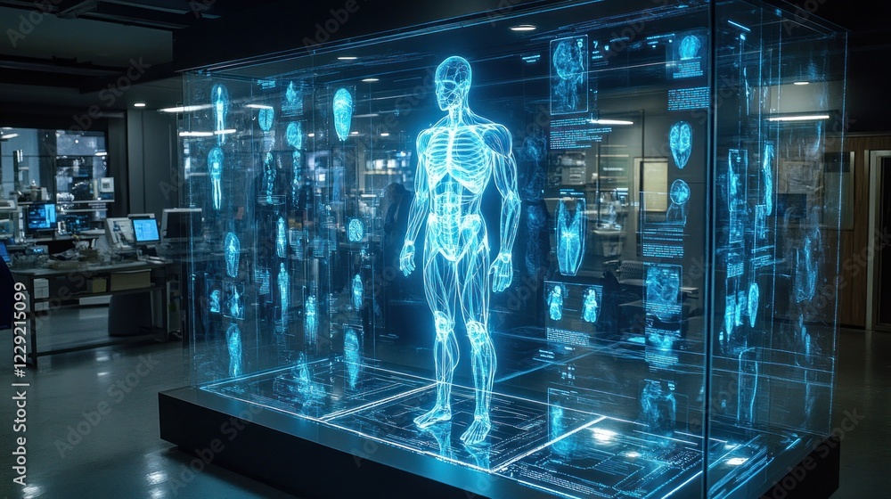 Holographic human anatomy displayed in a futuristic medical lab. Holographic human anatomy displayed in a futuristic medical lab.