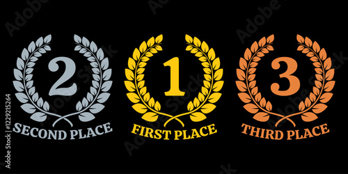 Winner, prize icon set. First, Second and Third place design. Laurel wreath award set with 1, 2, 3 numbers. Gold, silver and bronze medal concept. Vector illustration.