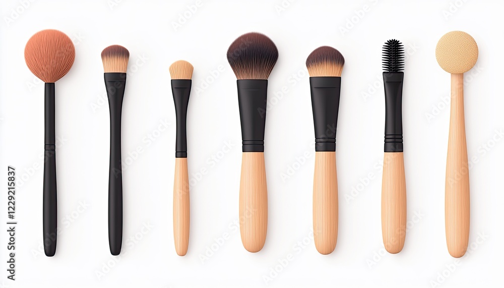 A collection of various makeup brushes arranged neatly on a light background, showcasing their diverse shapes and sizes A collection of various makeup brushes arranged neatly on a light background, showcasing their diverse shapes and sizes