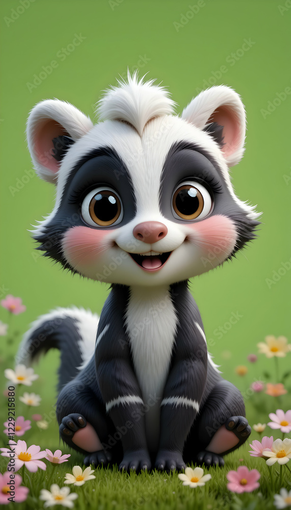 Naklejka premium Adorable Baby Skunk in Flower Meadow
