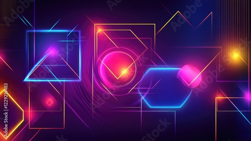 Bold neon geometric shapes glowing brightly in a high-tech digital rendering with a futuristic aesthetic