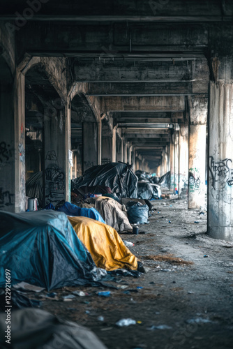 Homeless encampment under a bridge, highlighting rising poverty photo