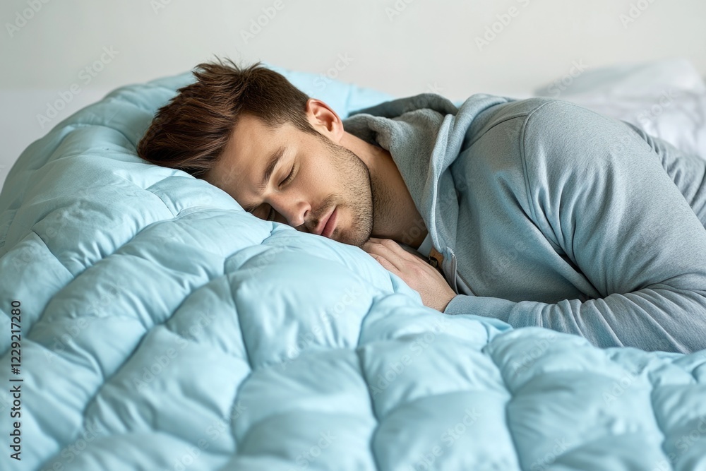 A person sleeping wrapped in a blue comforter on a bed A person sleeping wrapped in a blue comforter on a bed