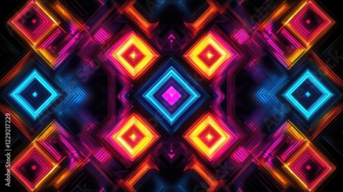 Bright neon geometric patterns glowing in a dark digital rendering, creating a striking and futuristic atmosphere