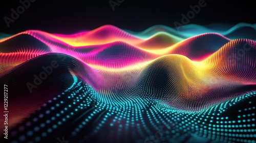 Bright neon geometric patterns glowing in a dark digital rendering, creating a striking and futuristic atmosphere