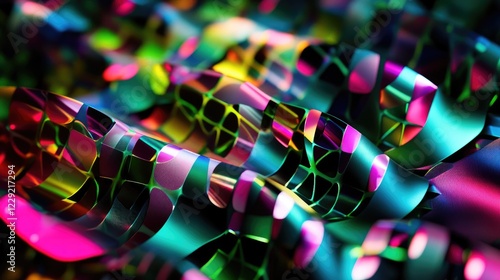 Bright neon geometric patterns glowing in a dark digital rendering, creating a striking and futuristic atmosphere