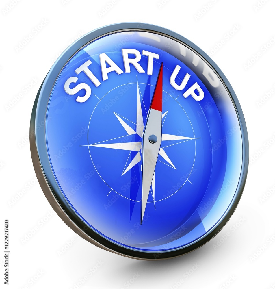 3d rendering of a compass with a start up icon 3d rendering of a compass with a start up icon
