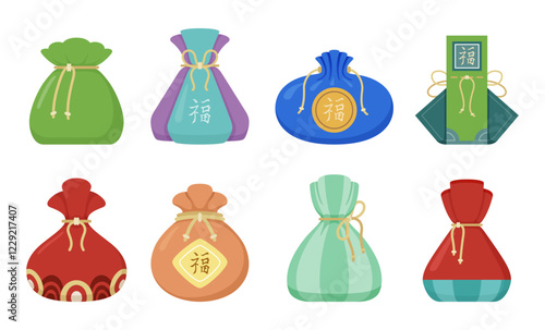 Colourful Asian lucky bags lined up in a row represent traditional symbolism and cultural significance during festivals.