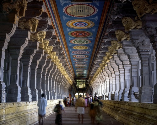 Ramanathaswamy temple corridor in Rameswaram, Rameshwaram, Tamil Nadu, India. The outer set of corridors is reputed to be the longest in the world, measuring about 22. 6 feet in height, 400 feet each in the east and west and about 640 feet in the north and the south