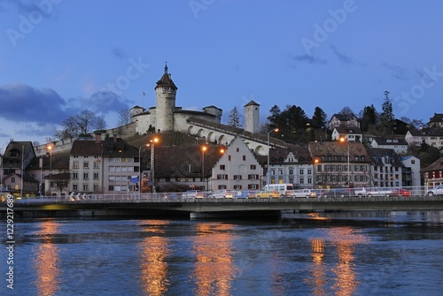 Schaffhausen - the old town and the Munot castle in the dusk - Switzerland, Europe. photo