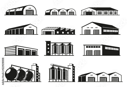 Diverse types of commercial and industrial warehouses illustrated in various designs and structures